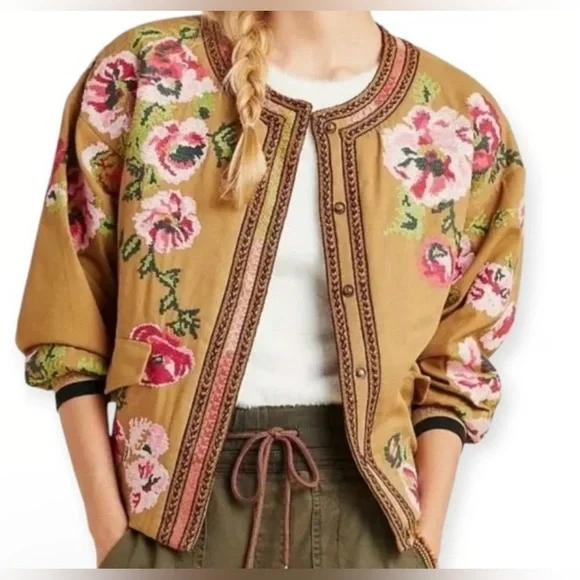 Anthropologie Floral Embroidered Boho Bomber Jacket Size XS - Picture 7 of 15